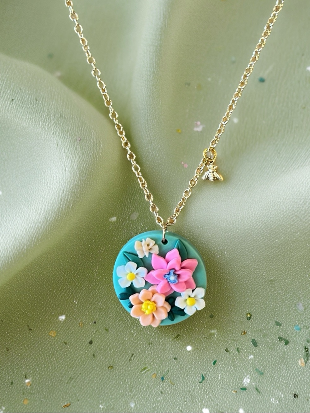 Clay Floral Pendant Necklace with Pink & Peach Flowers & a Tiny Bumblebee Charm